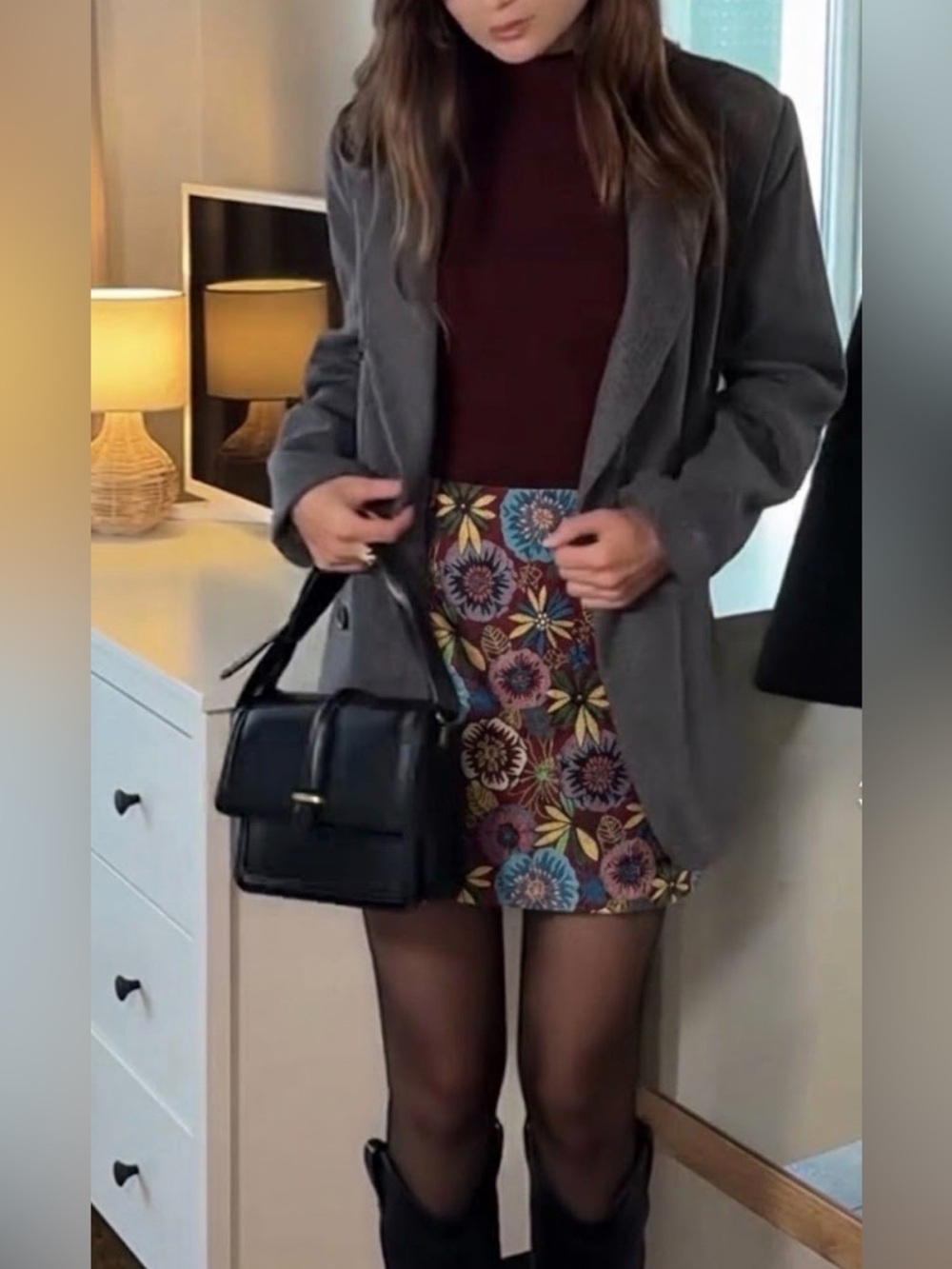 Embroidered Structured Western Mini Skirt with Multi Colour Floral Detail